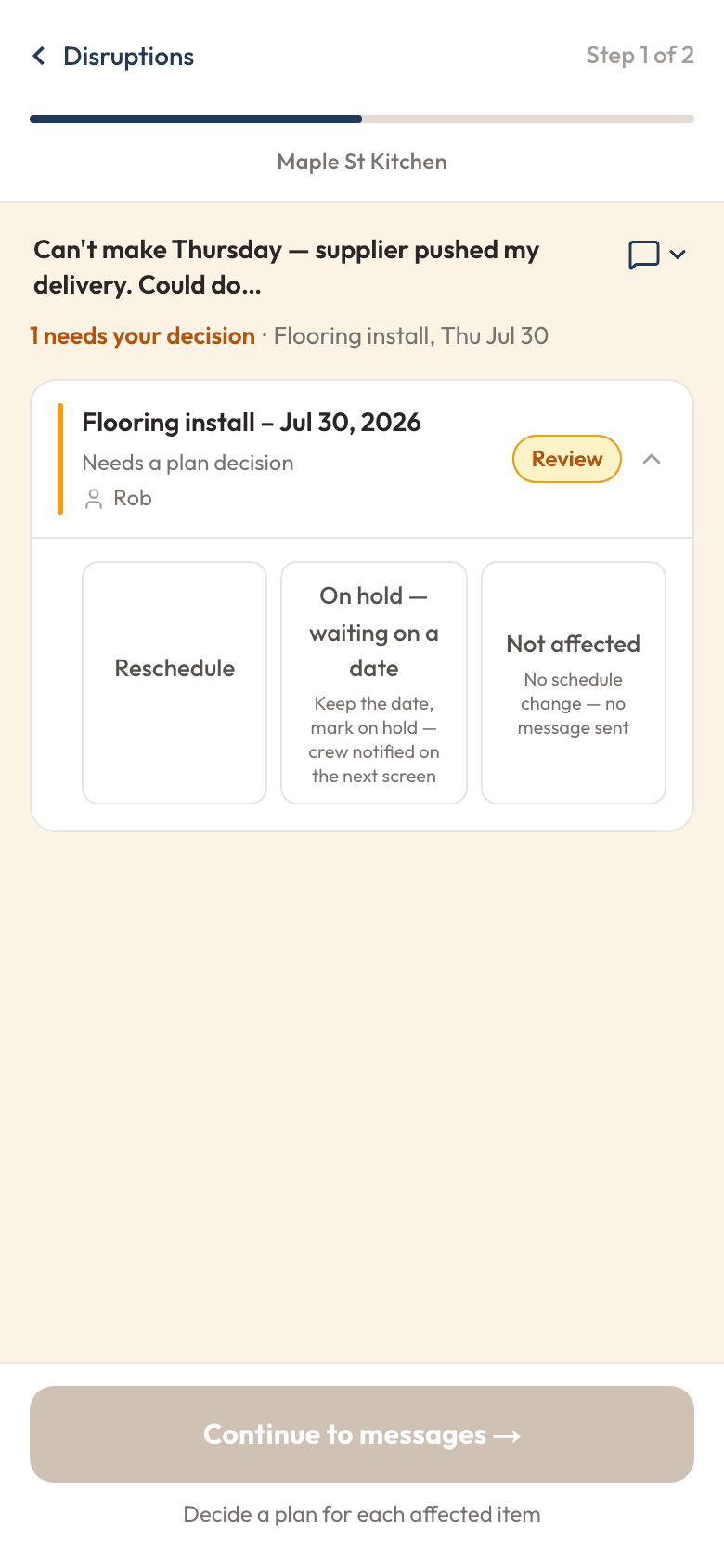 BrightBuild walking a canceled Thursday through to a plan: the sub's text at the top, the affected flooring install below it, and reschedule / hold options